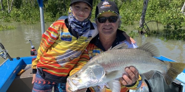 Fishing with kids to catch a big barra.