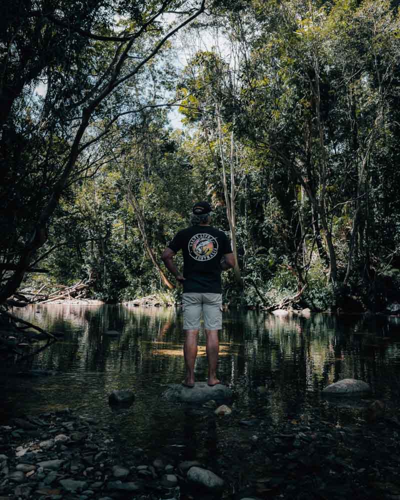 Man standing at rainforest creek