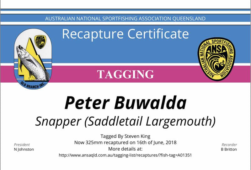 Recaptured tag and release fish result in a recapture certificate.