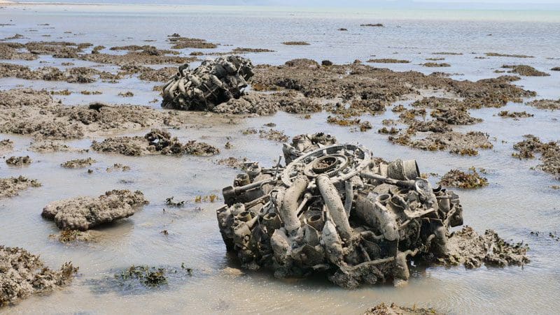 Historic bomber engines on the beach