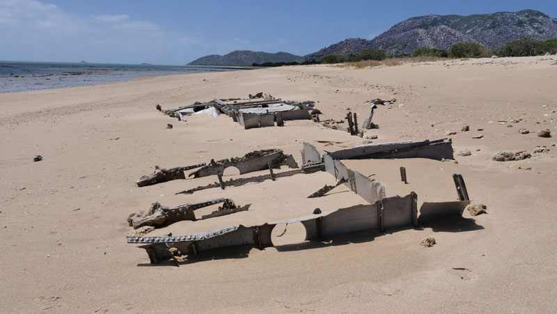 Remnants of a crashed aircraft on teh beach at Cape Melville