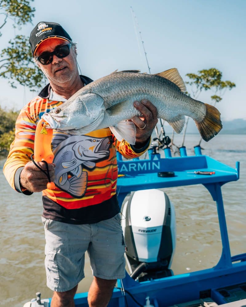 Making use of the time waiting to fix our boat issues in Cardwell catching a school size barra for lunch.