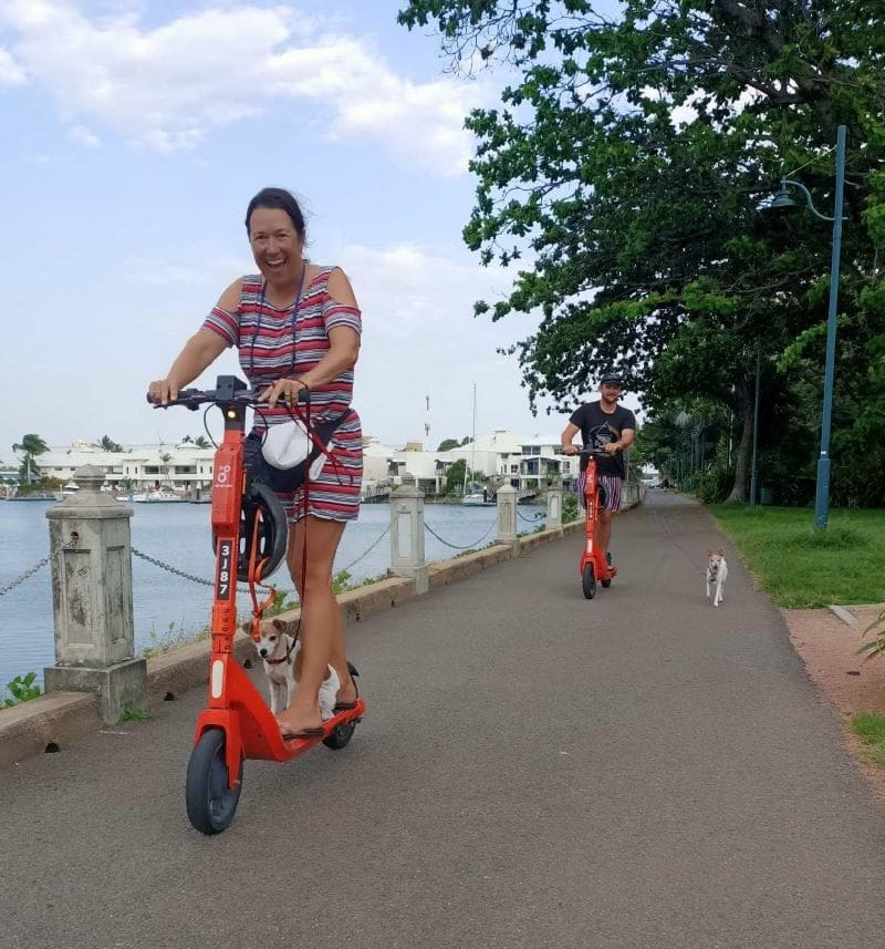 Girl and dog on scooter