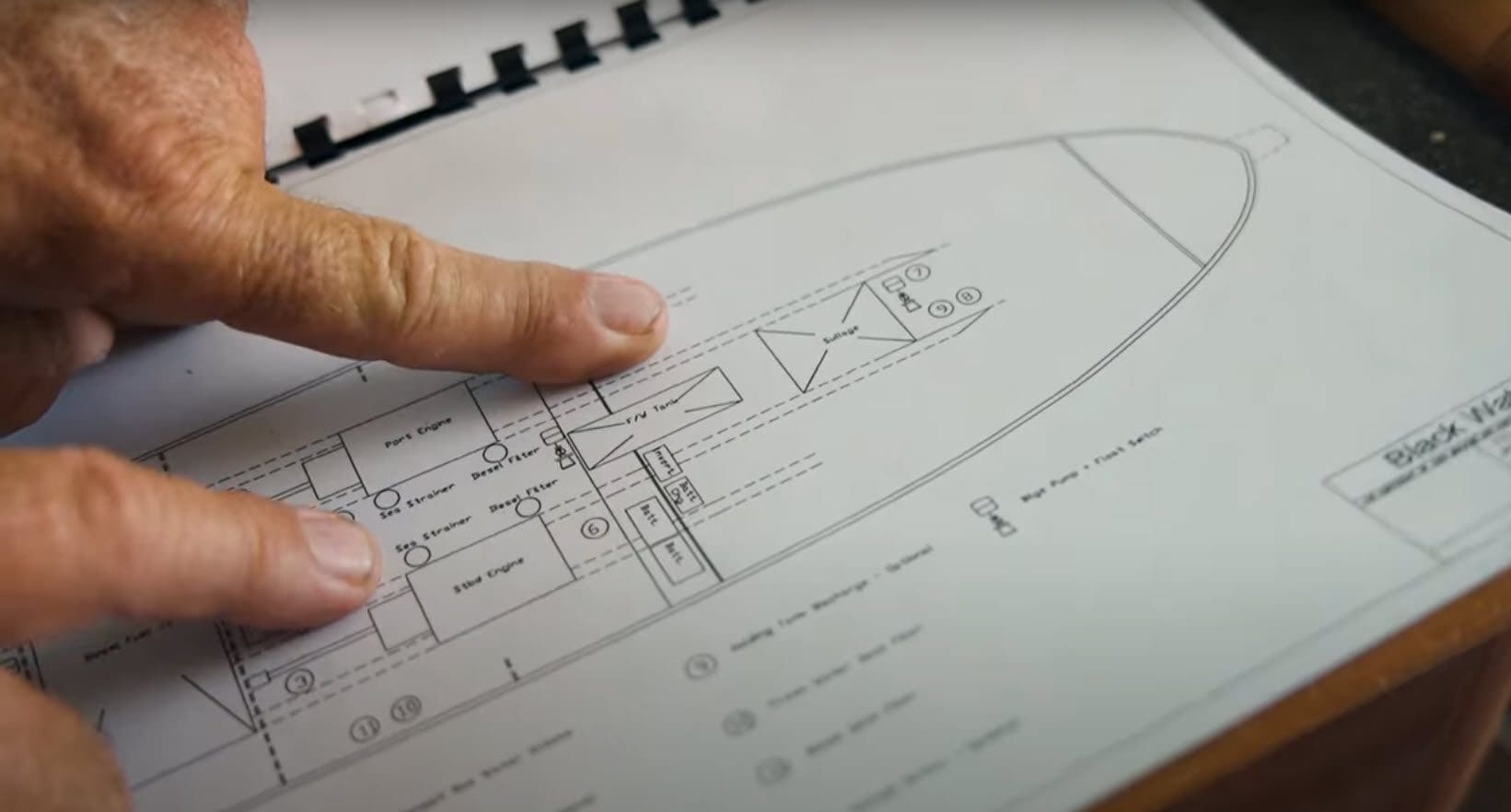 Checking boat plans for removal of split water tank.