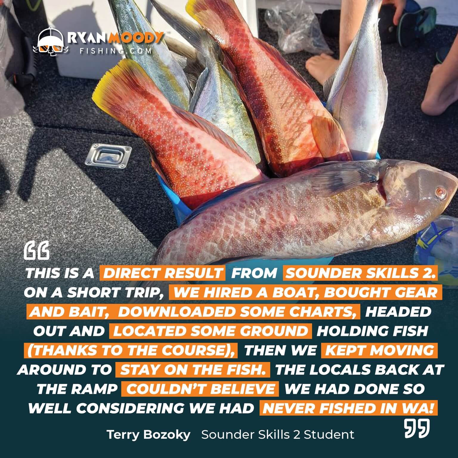 This is a direct result from the Sounder Skills 2 course. I was in Bunbury WA on a short trip to see family. We hired a boat, purchased hand lines and bait, downloaded some charts, headed out and located some ground holding fish (thanks to the course), then we kept moving around to stay on the fish. 16 keepers and released just as many!! The locals back at the ramp couldn't believe we had done so well considering we had never fished in WA, and with such limited gear... a little knowledge can really help!!