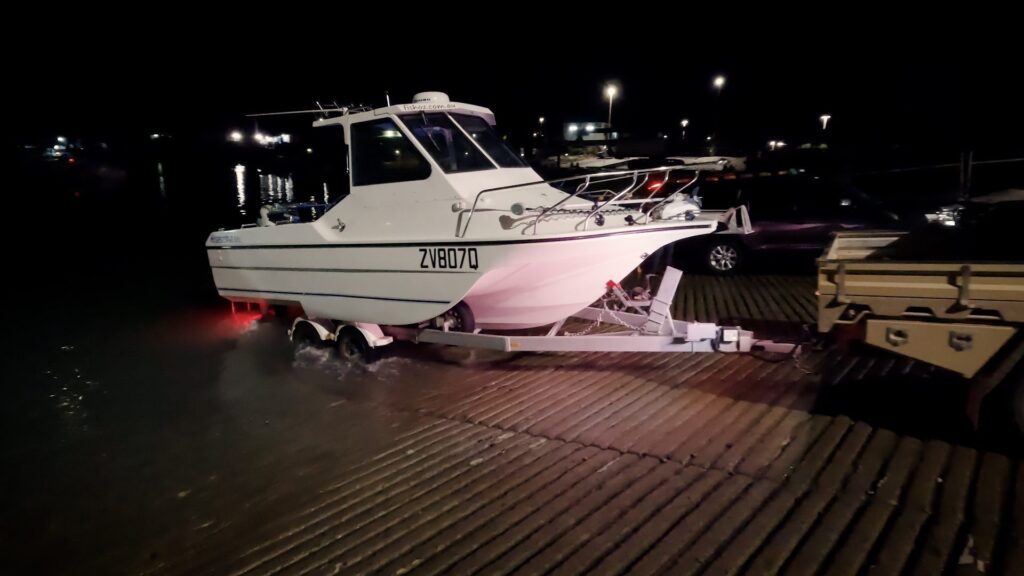 Launching offshore fishing boat.