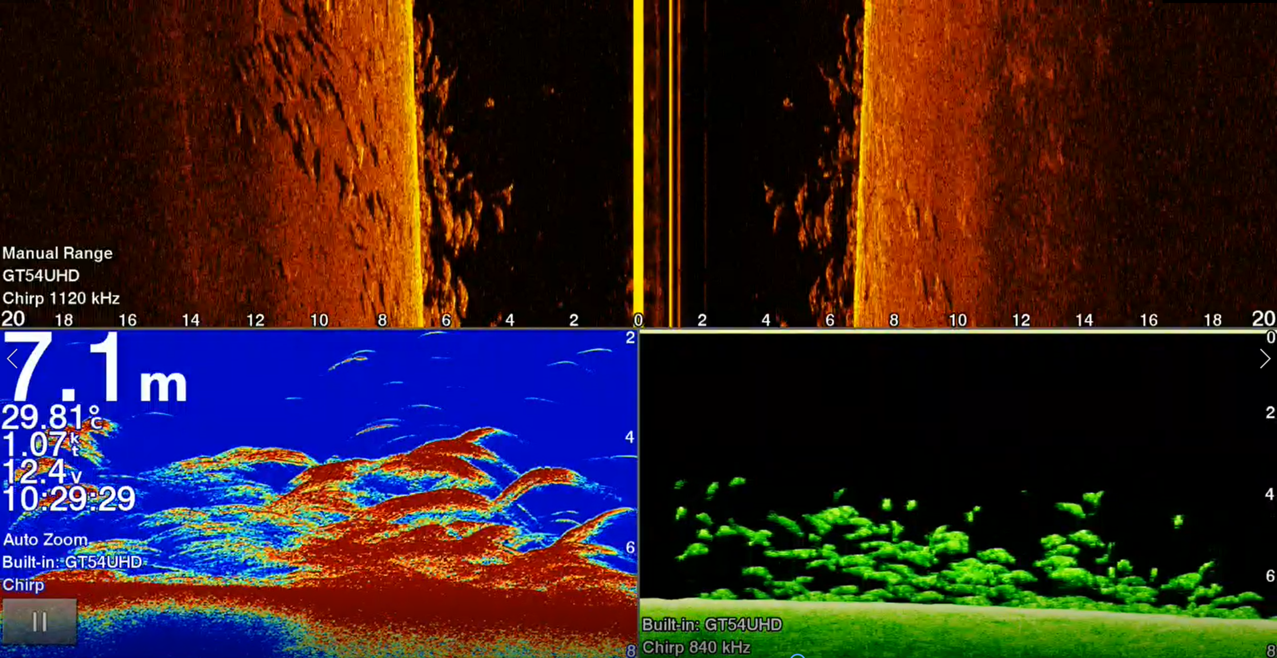 Here you can see barra around 70 to 100cm sitting in open water beside a ledge. The down image helps confirm it is a school of fish because you can see the separation between them.
